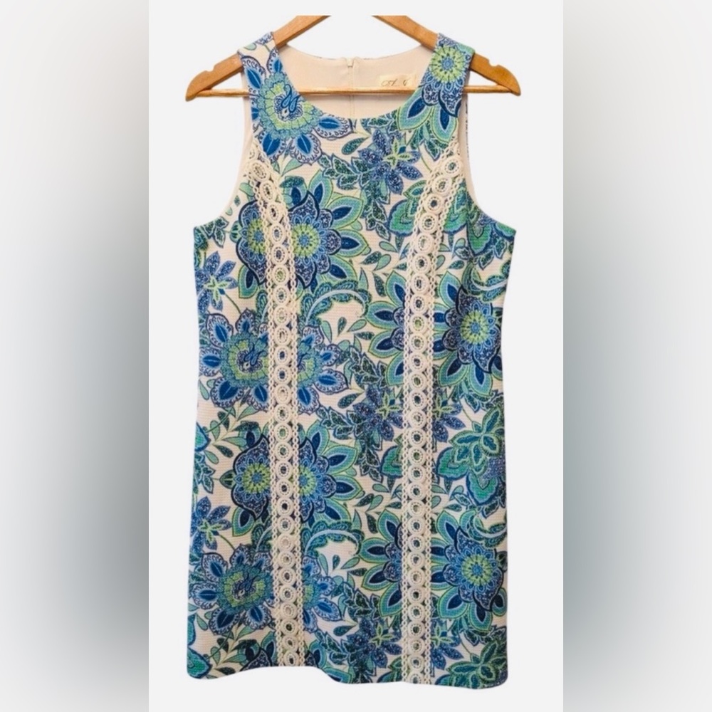 Eliza J Blue Green Floral Paisley Lace Trim Shift‎ Dress EJ4-2954 Size 10 - Picture 2 of 12